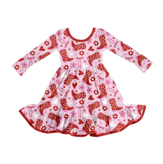 9.8 Preorder (moq 5)Baby Girls Boots Bows Flowers Valentine Ruffle Knee Length Dresses
