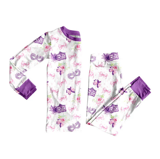 9.8 Preorder (moq 5)Baby Girls Mardi Gras Bows Flowers Masks Top Pants Pajamas Sets