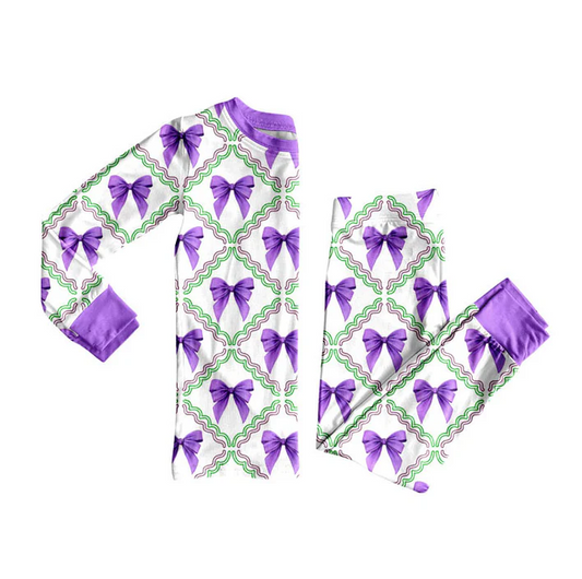 9.8 Preorder (moq 5)Baby Girls Mardi Gras Purple Bows Checked Top Pants Pajamas Sets