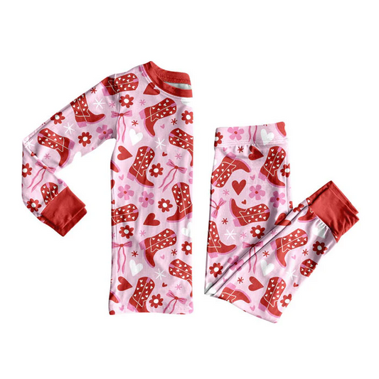 9.8 Preorder (moq 5)Baby Girls Boots Bows Flowers Top Pants Valentine Pajamas Sets