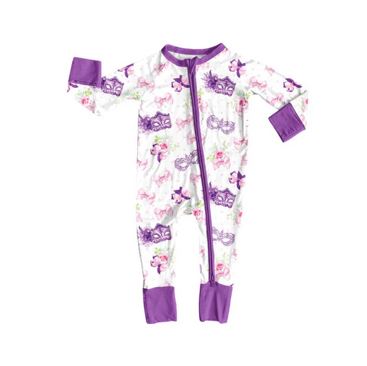 9.8 Preorder (moq 5)Baby Girls Mardi Gras Bows Flowers Masks Zipper Footie Rompers