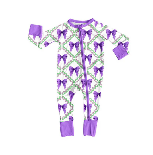 9.8 Preorder (moq 5)Baby Girls Mardi Gras Purple Bows Checked Zipper Footie Rompers