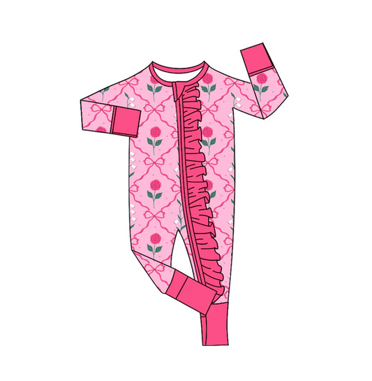 9.8 Preorder (moq 5)Baby Girls Bows Flowers Checked Valentine Ruffle Zipper Footie Rompers