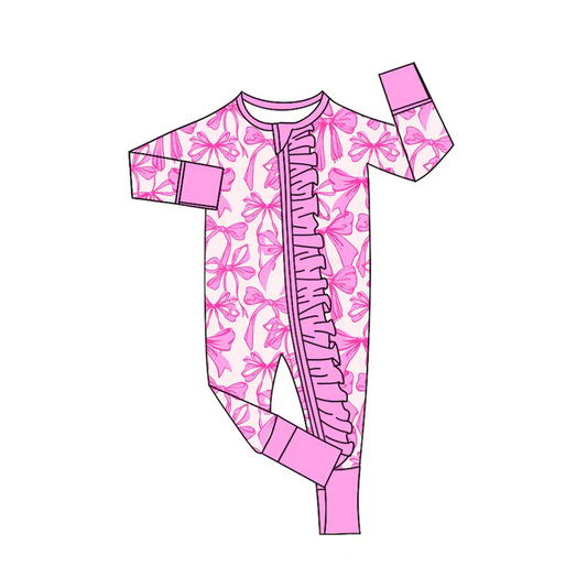 9.8 Preorder (moq 5)Baby Girls Hot Pink Bows Valentine Ruffle Zipper Footie Rompers