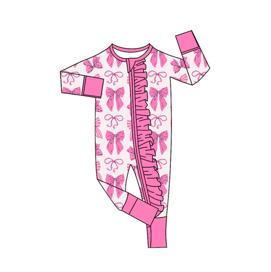 9.8 Preorder (moq 5)Baby Girls Pink Bows Valentine Ruffle Zipper Footie Rompers
