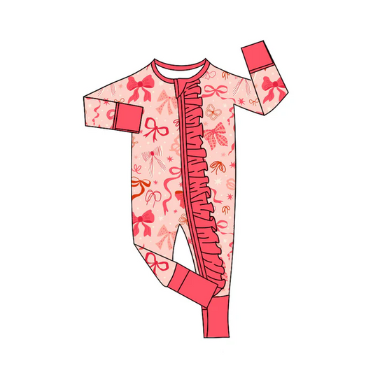 9.8 Preorder (moq 5)Baby Girls Peach Stars Bows Valentine Ruffle Zipper Footie Rompers