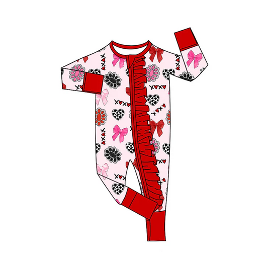 9.8 Preorder (moq 5)Baby Girls Turquoises Hearts XOXO Valentine Ruffle Zipper Footie Rompers