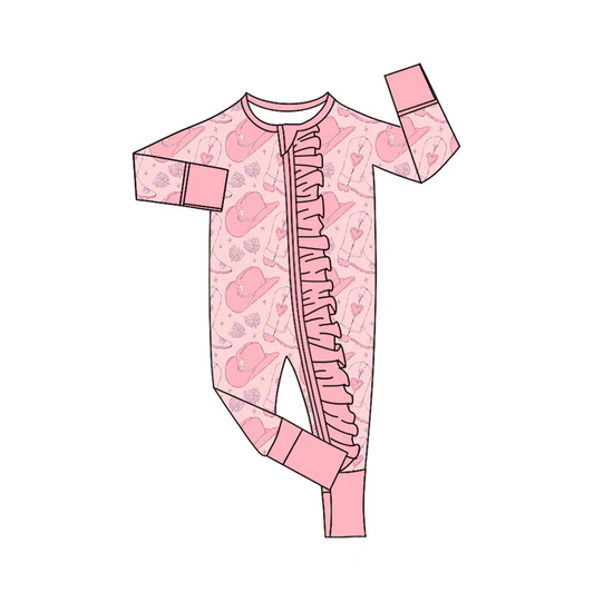 9.8 Preorder (moq 5)Baby Girls Pink Hats Heart Boots Valentine Ruffle Zipper Footie Rompers