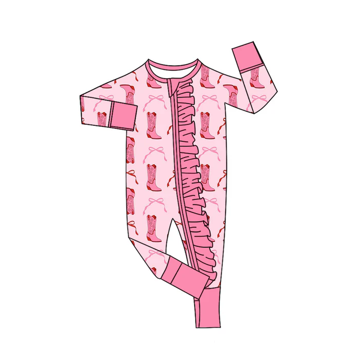 9.8 Preorder (moq 5)Baby Girls Pink Bows Boots Ruffle Zipper Footie Rompers