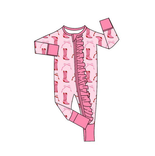 9.8 Preorder (moq 5)Baby Girls Pink Bows Boots Ruffle Zipper Footie Rompers