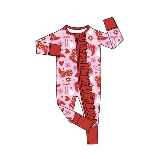 9.8 Preorder (moq 5)Baby Girls Red Hearts Flowers Boots Ruffle Zipper Footie Rompers