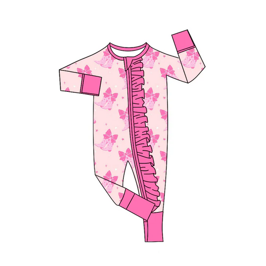 9.8 Preorder (moq 5)Baby Girls Pink Bows Boots Ruffle Zipper Footie Rompers