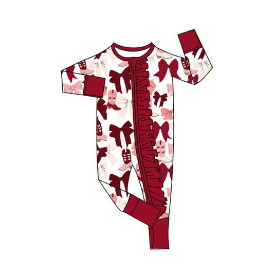9.8 Preorder (moq 5)Baby Girls Dark Red Bows Boots Ruffle Zipper Footie Rompers