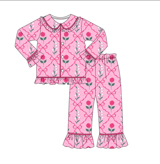 9.8 Preorder (moq 5)Baby Girls Pink Bows Flowers Checked Button Top Pants Valentine Pajamas Sets
