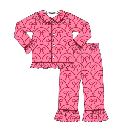 9.8 Preorder (moq 5)Baby Girls Red Bows Checked Button Top Pants Valentine Pajamas Sets