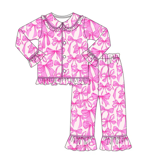9.8 Preorder (moq 5)Baby Girls Hot Pink Bows Button Top Pants Valentine Pajamas Sets
