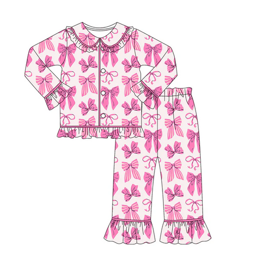9.8 Preorder (moq 5)Baby Girls Pink Bows Button Top Pants Valentine Pajamas Sets