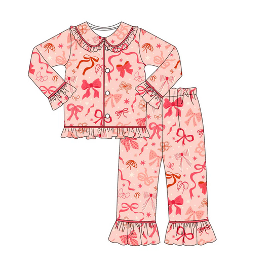 9.8 Preorder (moq 5)Baby Girls Peach Stars Bows Button Top Pants Valentine Pajamas Sets