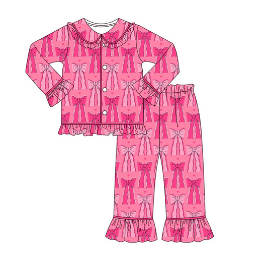 9.8 Preorder (moq 5)Baby Girls Pink Hearts Bows Button Top Pants Valentine Pajamas Sets