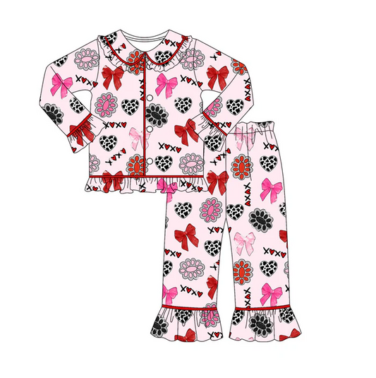 9.8 Preorder (moq 5)Baby Girls Turquoises Hearts XOXO Button Top Pants Valentine Pajamas Sets