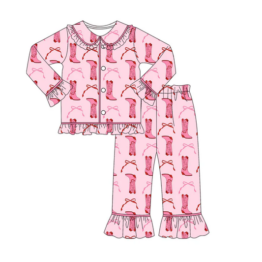 9.8 Preorder (moq 5)Baby Girls Bows Boots Button Top Ruffle Pants Pajamas Sets