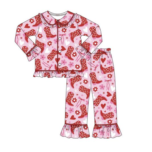 9.8 Preorder (moq 5)Baby Girls Hearts Flowers Boots Button Top Ruffle Pants Pajamas Sets