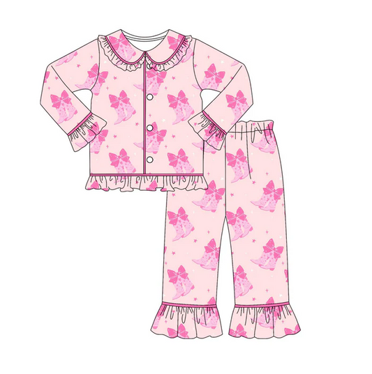 9.8 Preorder (moq 5)Baby Girls Pink Bows Boots Button Top Ruffle Pants Pajamas Sets