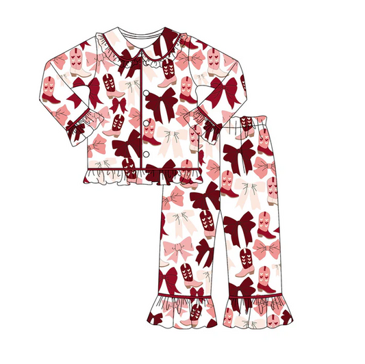 9.8 Preorder (moq 5)Baby Girls Dark Red Bows Boots Button Top Ruffle Pants Pajamas Sets