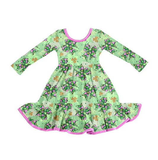 9.8Preorder (moq 5)Baby Girls Clovers Bows St Patrick Ruffle Knee Length Dresses