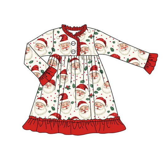 9.8 Preorder (moq 5)Baby Girls Santa Holly Christmas Button Ruffle Knee Length Dresses