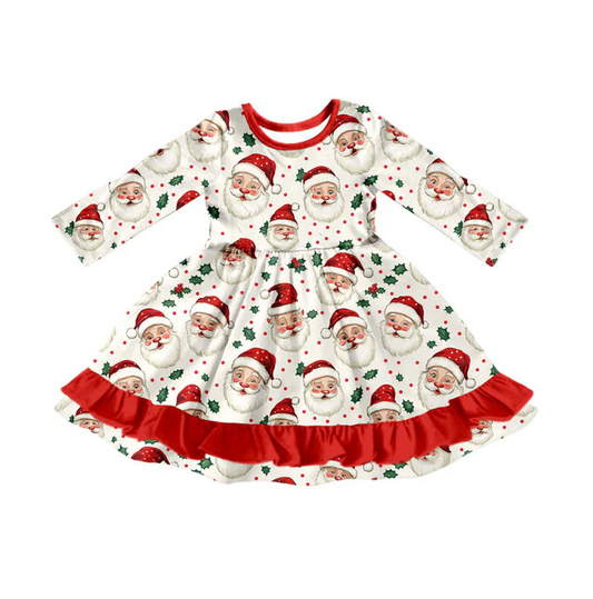 9.8 Preorder (moq 5)Baby Girls Santa Holly Christmas Ruffle Knee Length Dresses