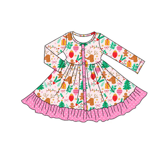 9.8 Preorder (moq 5)Baby Girls Gifts Deer Button Christmas Ruffle Knee Length Dresses