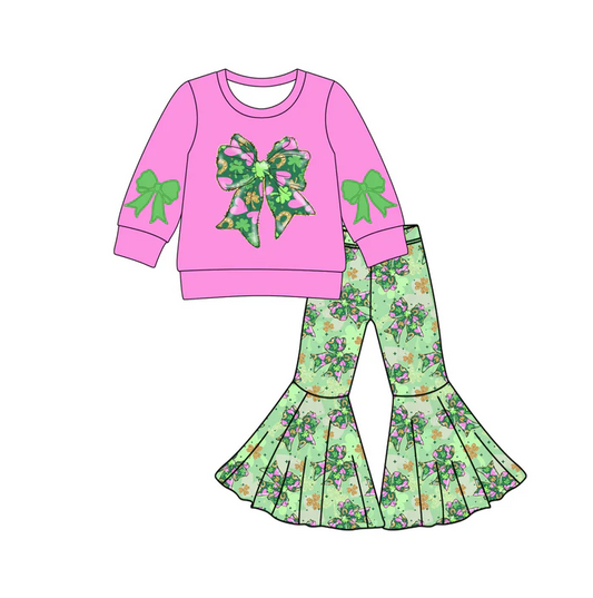 9.8 Preorder (moq 5)Baby Girls Clovers Bows Shirts Top Bell Bottom Pants St Patrick Clothes Sets