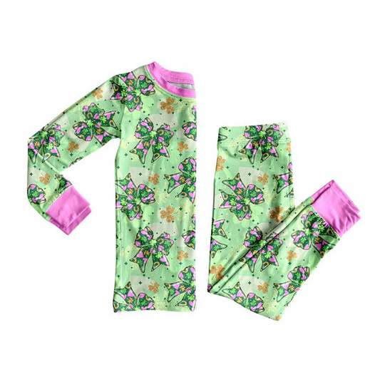 9.8 Preorder (moq 5)Baby Girls Clovers Bows Top Pants St Patrick Pajamas Sets