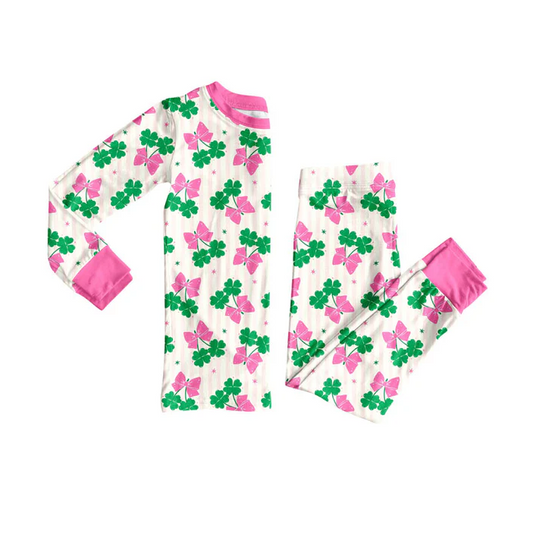 9.8 Preorder (moq 5)Baby Girls Clovers Butterfly Top Pants St Patrick Pajamas Sets