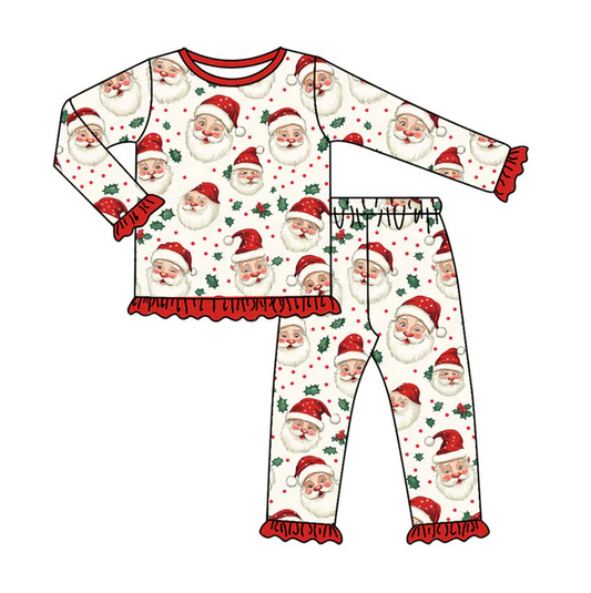 9.8 Preorder (moq 5)Baby Girls Santa Holly Top Ruffle Pants Christmas Pajamas Sets
