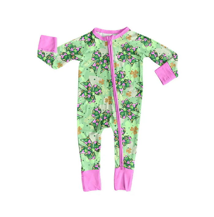9.8 Preorder (moq 5)Baby Girls Green Clovers Bows St Patrick Zipper Footie Rompers