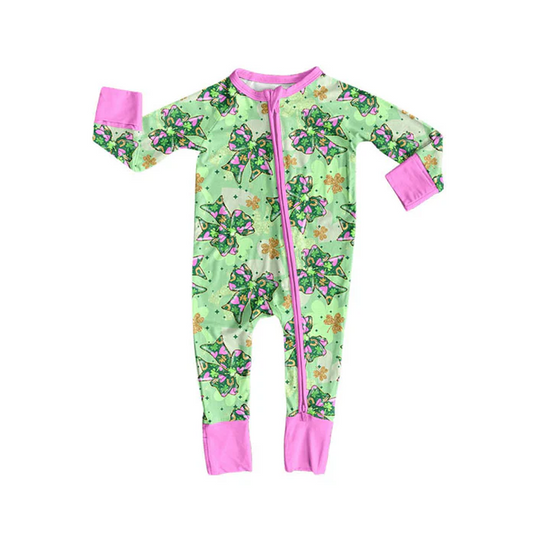9.8 Preorder (moq 5)Baby Girls Green Clovers Bows St Patrick Zipper Footie Rompers