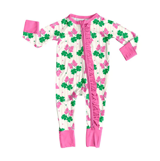 9.8 Preorder (moq 5)Baby Girls Clovers Butterfly St Patrick Ruffle Zipper Footie Rompers