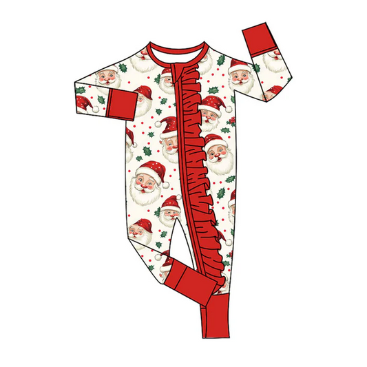 9.8 Preorder (moq 5)Baby Girls Santa Holly Christmas Ruffle Zipper Footie Rompers