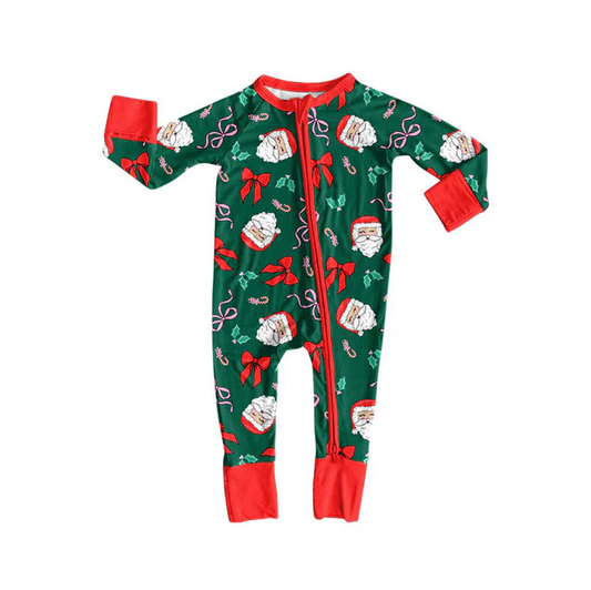 9.8 Preorder (moq 5)Baby Boys Dark Green Santa Bows Holly Christmas Zipper Footie Rompers