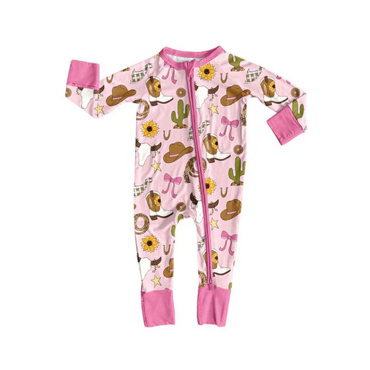 9.8 Preorder (moq 5)Baby Girls Pink Cactus Hats Bull Skulls Western Zipper Footie Rompers