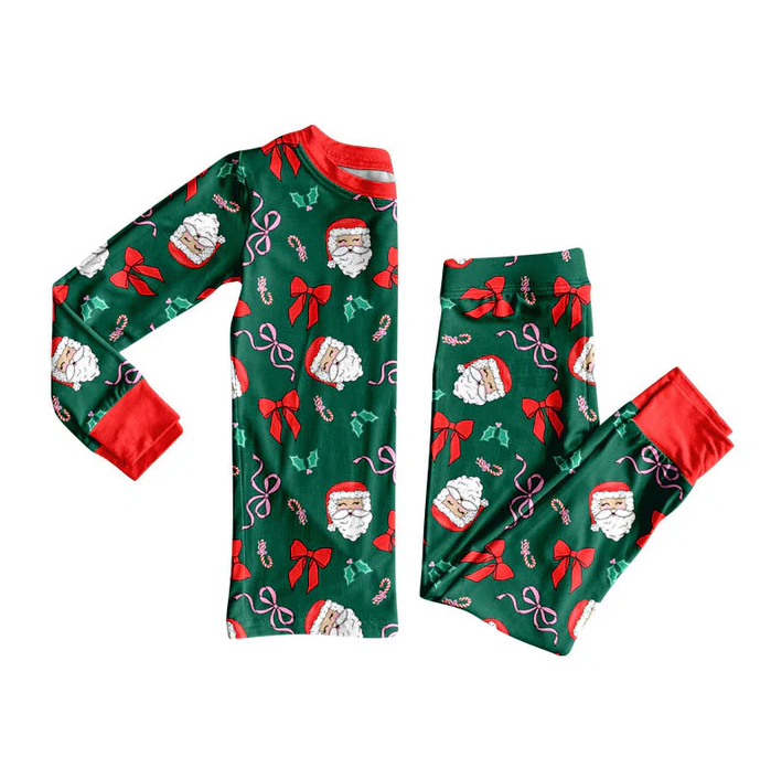 9.8 Preorder (moq 5)Baby Girls Dark Green Santa Bows Holly Top Pants Christmas Pajamas Sets