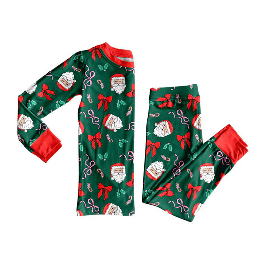9.8 Preorder (moq 5)Baby Girls Dark Green Santa Bows Holly Top Pants Christmas Pajamas Sets