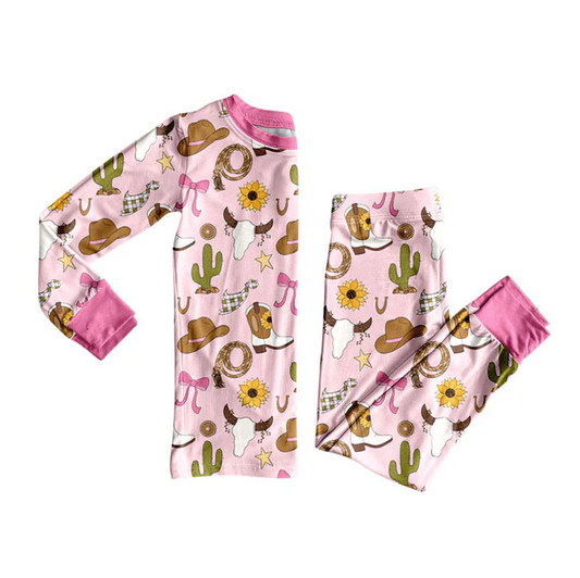 9.8 Preorder (moq 5)Baby Girls Pink Cactus Hats Bull Skulls Top Pants Western Pajamas Sets