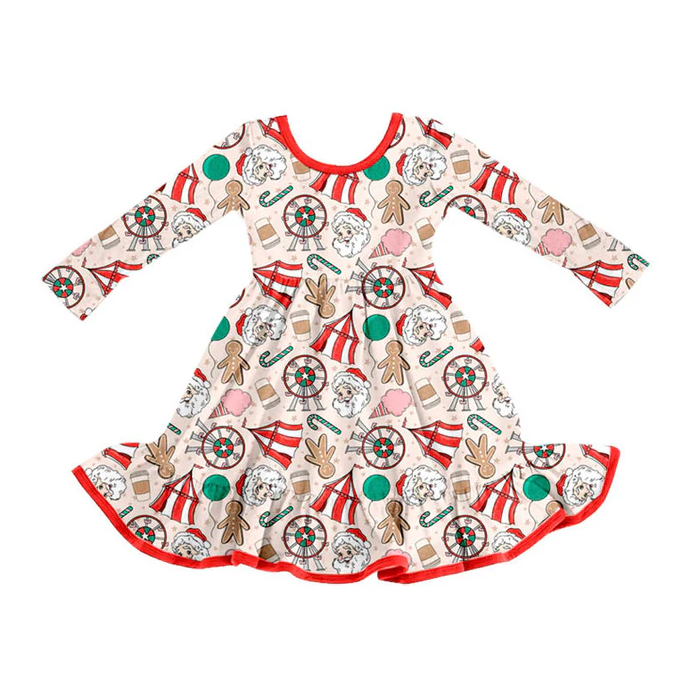 9.8  Preorder (moq 5)Baby Girls Santa Gingerbread Candy Christmas Ruffle Knee Length Dresses