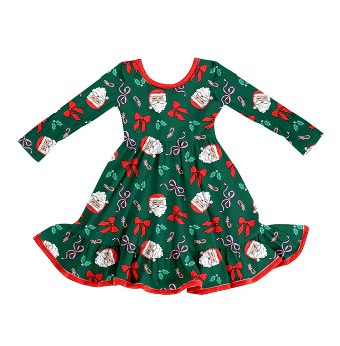 9.8  Preorder (moq 5)Baby Girls Dark Green Santa Bows Holly Christmas Ruffle Knee Length Dresses
