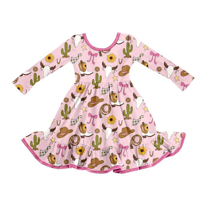 9.8  Preorder (moq 5)Baby Girls Pink Cactus Hats Bull Skulls Western Ruffle Knee Length Dresses