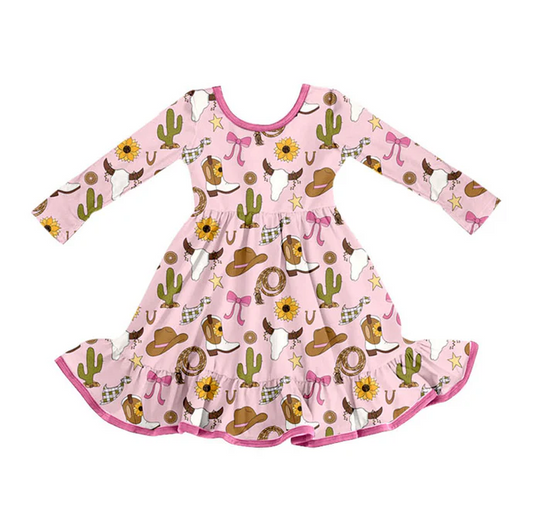 9.8  Preorder (moq 5)Baby Girls Pink Cactus Hats Bull Skulls Western Ruffle Knee Length Dresses