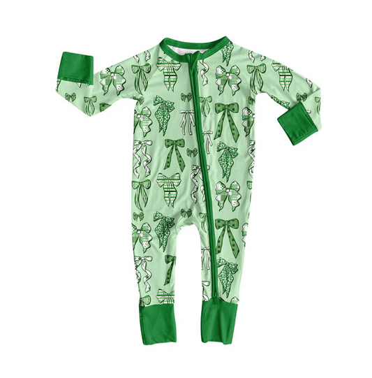 9.9 Preorder (moq 5)Baby Girls Green Bows Clovers St Patrick Zipper Footie Rompers